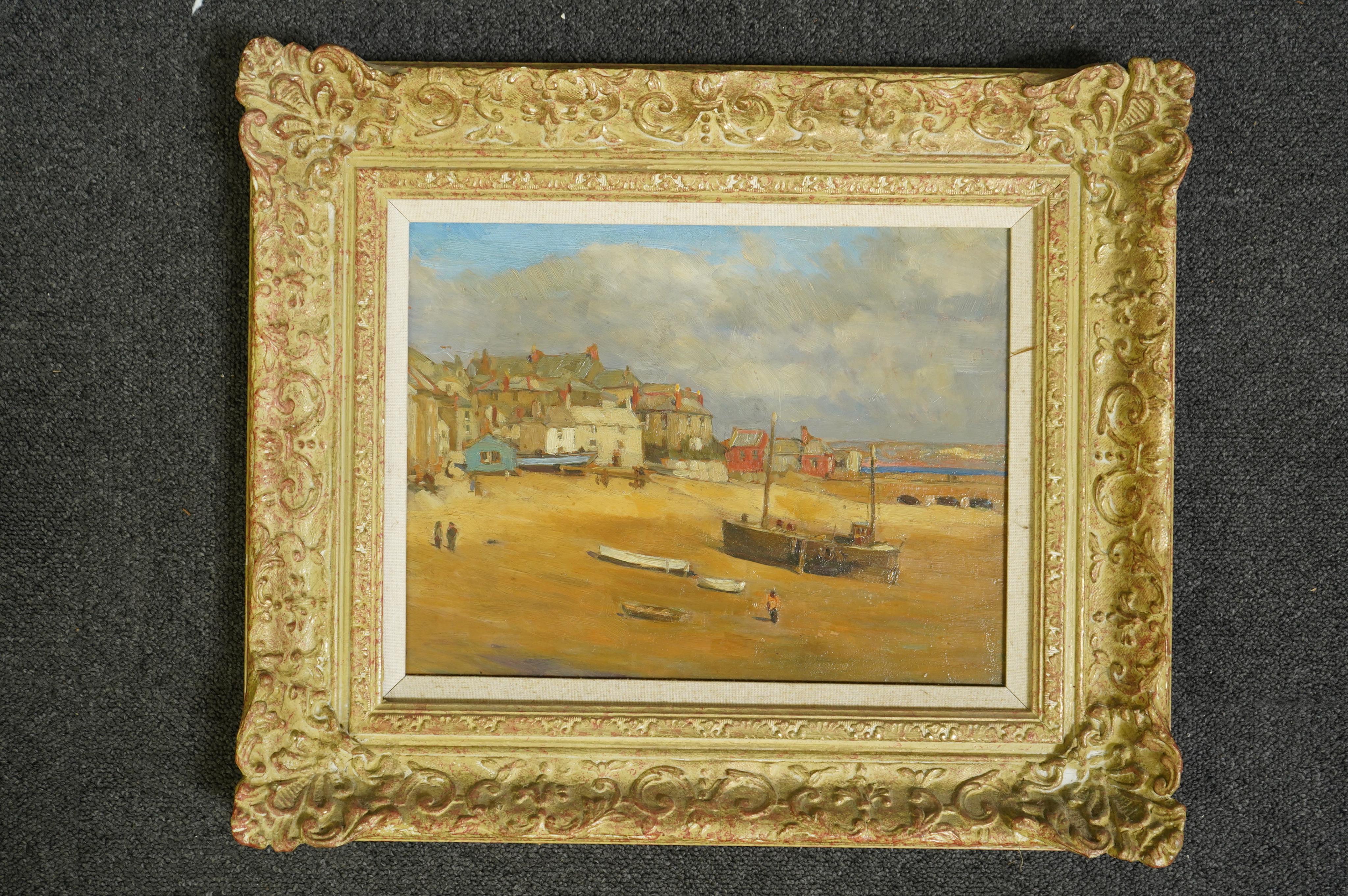 Newlyn School , St Ives at low tide, oil on board, 25 x 32cm